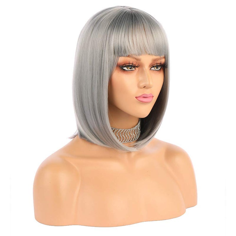 eNilecor Short Bob Hair Wigs 12" Straight with Flat Bangs Synthetic Colorful Cosplay Daily Party Wig for Women Natural As Real Hair+ Free Wig Cap (Silver Grey) - Image 3